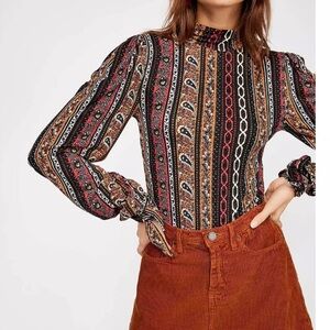 Free People Brown and Black Fitted Blouse with Mandarin Collar